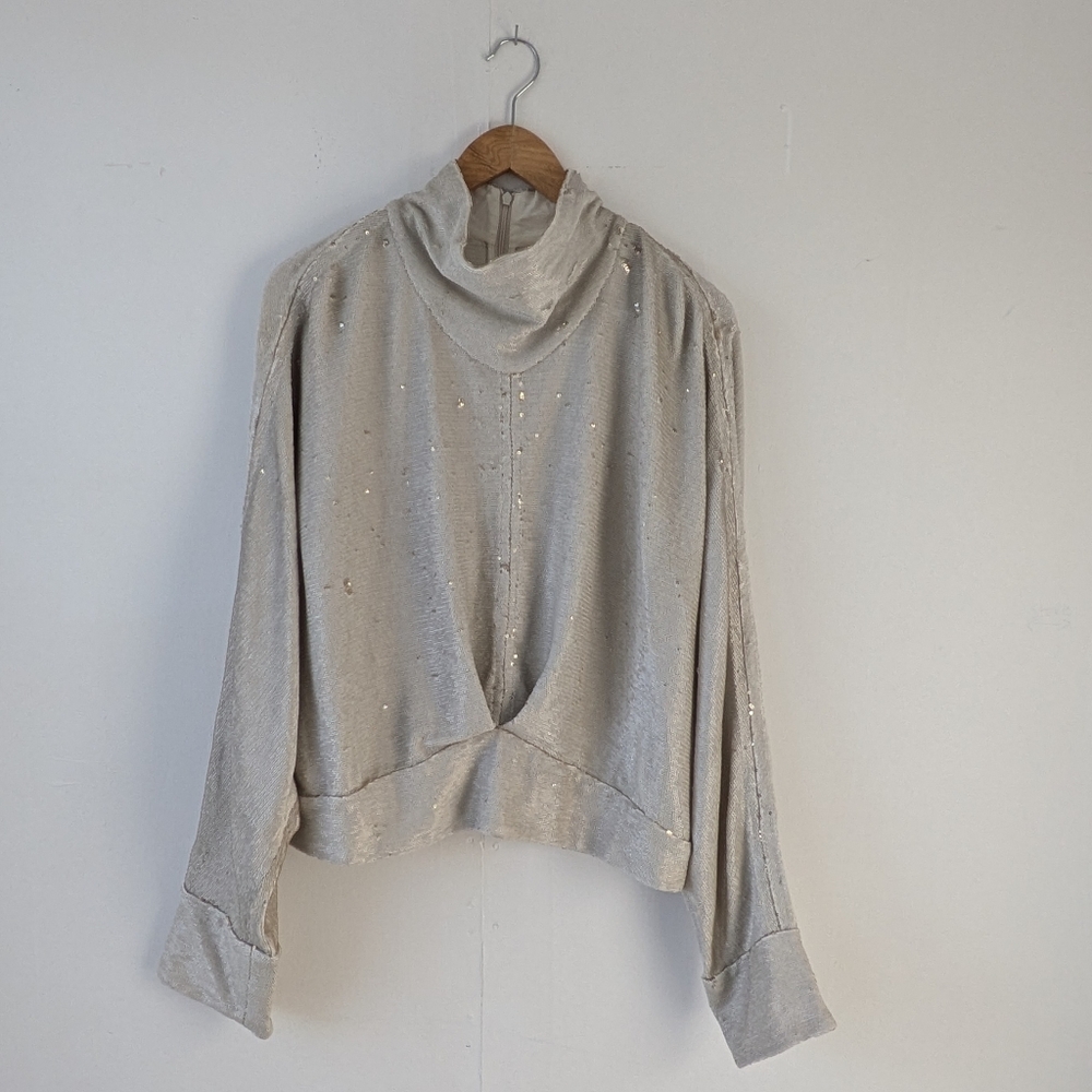 IRO Paris Draped Sequin Mock Neck Blouse - Bone/Silver Size 44